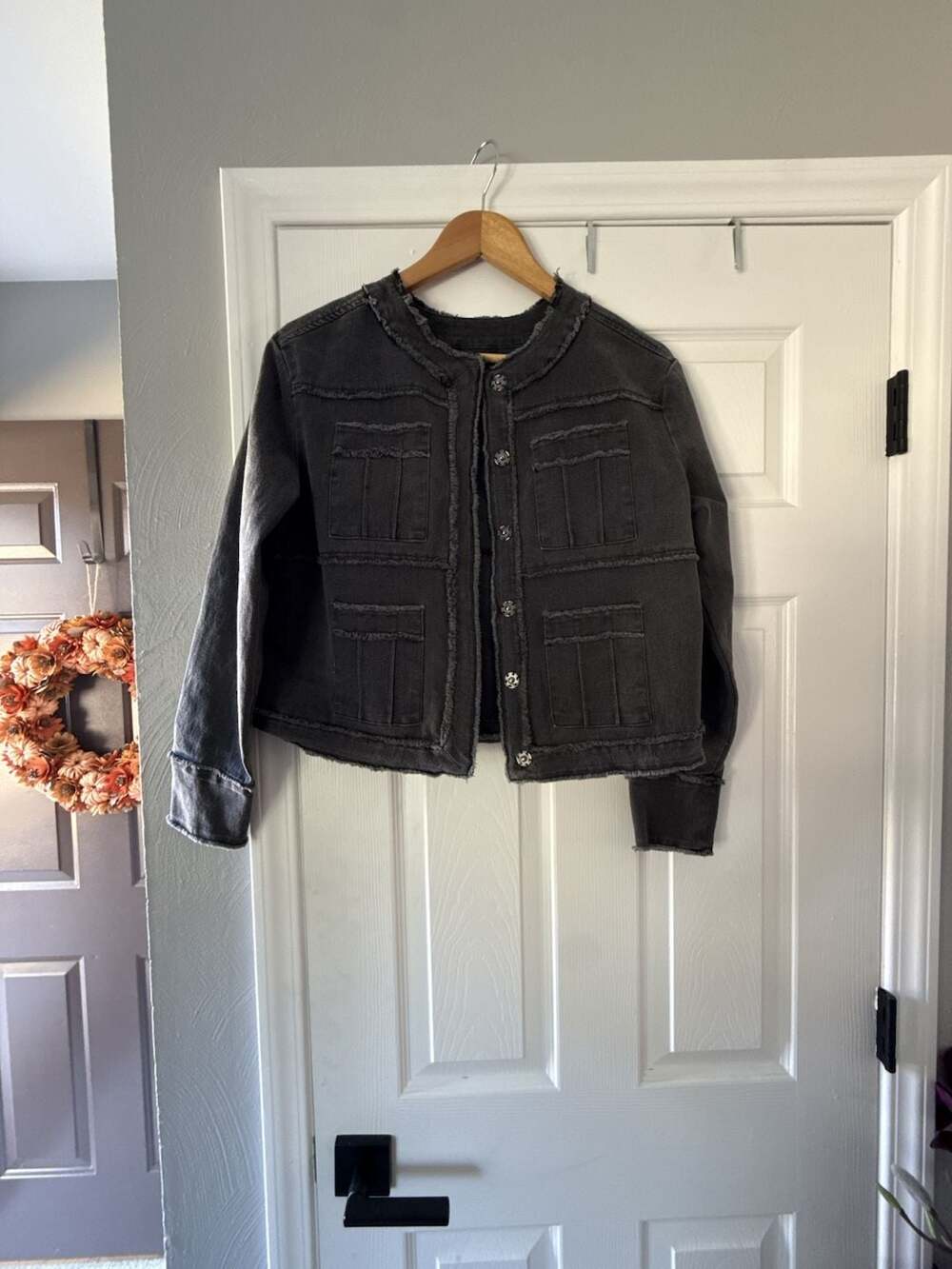 Evereve Denim Jacket Size XS Black Utility Distressed Button Front